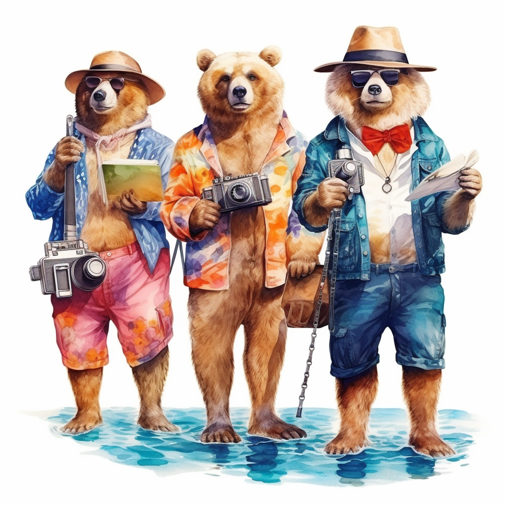 Colorful Bears Holding Soda and Telescope