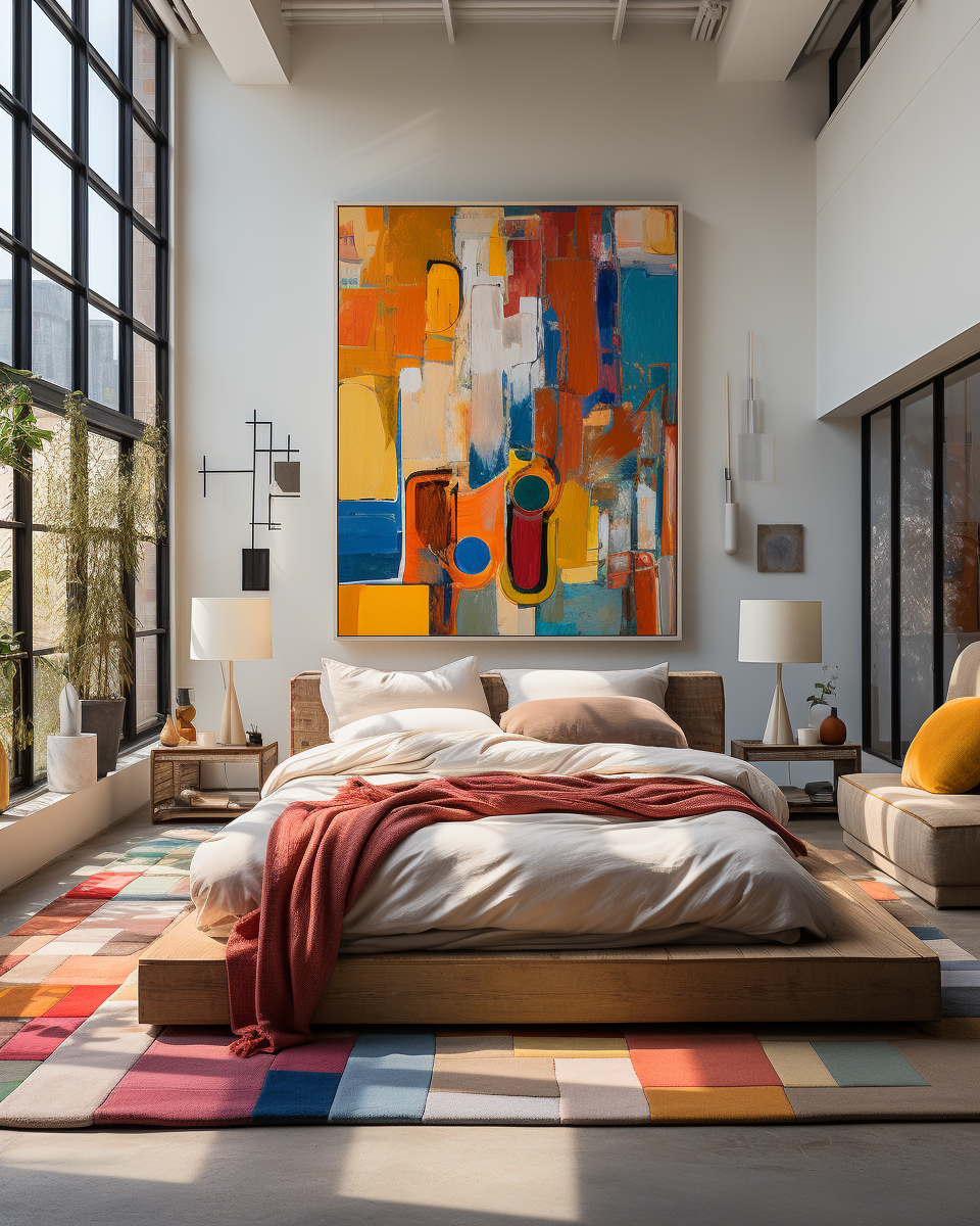 Colorful bedroom with vibrant rug