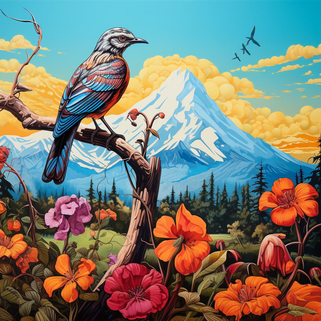 Colorful Bird on Tree with Mountain Background