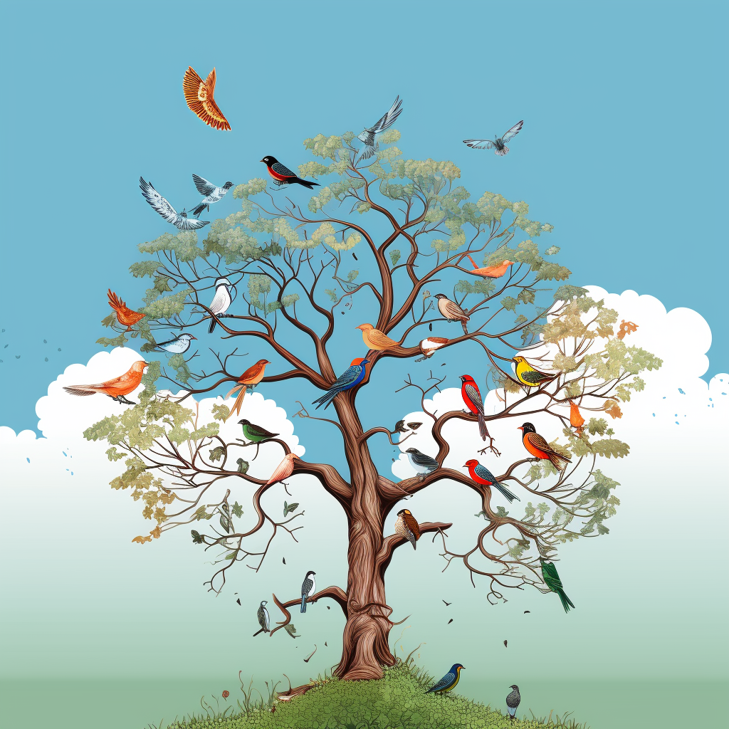 Colorful Birds on Healthy Tree