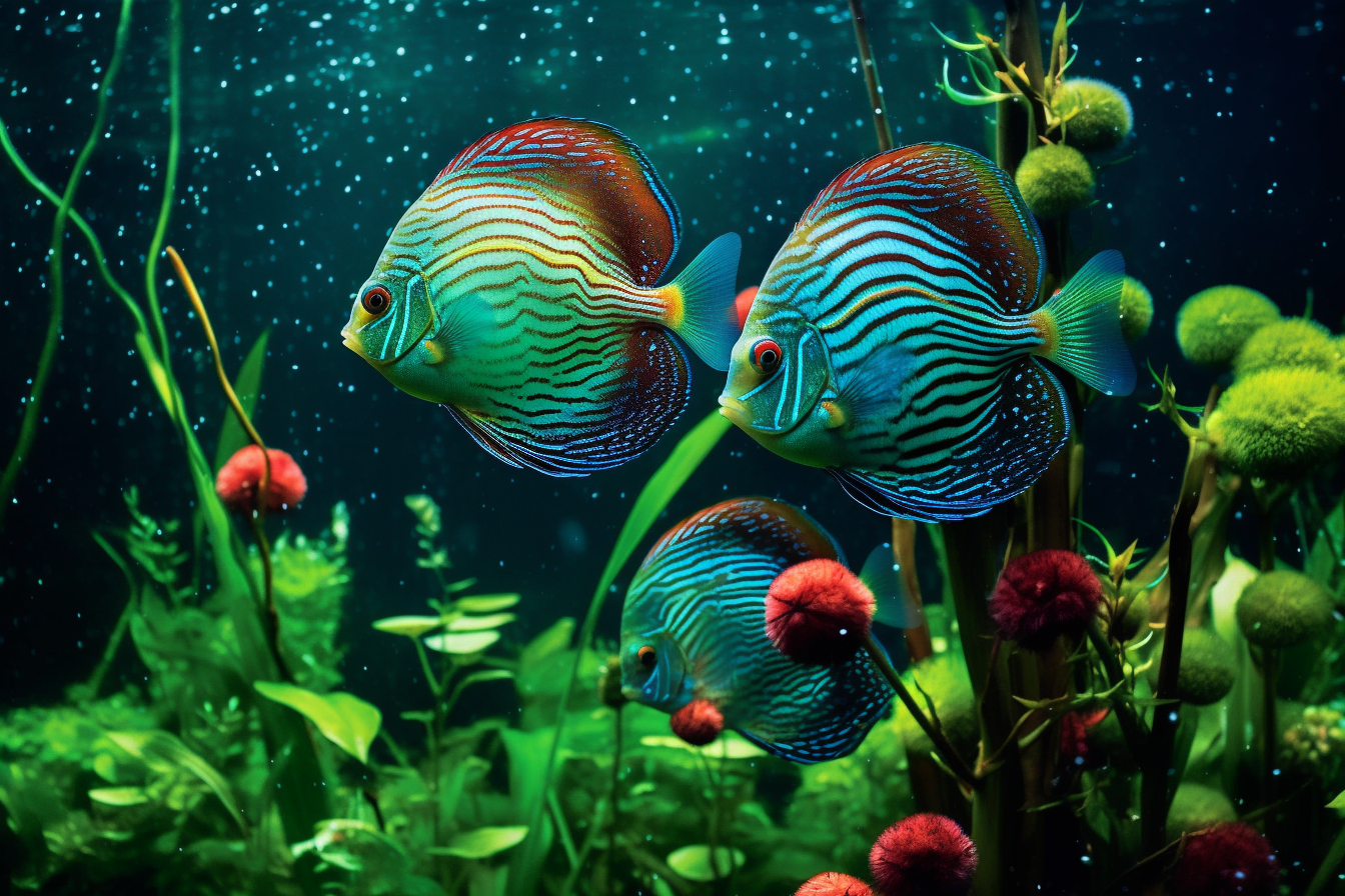 Colorful blue discus fishes swimming underwater