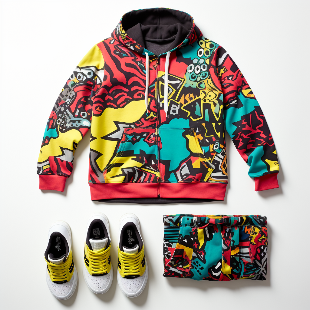 Colorful streetwear set with bold patterns