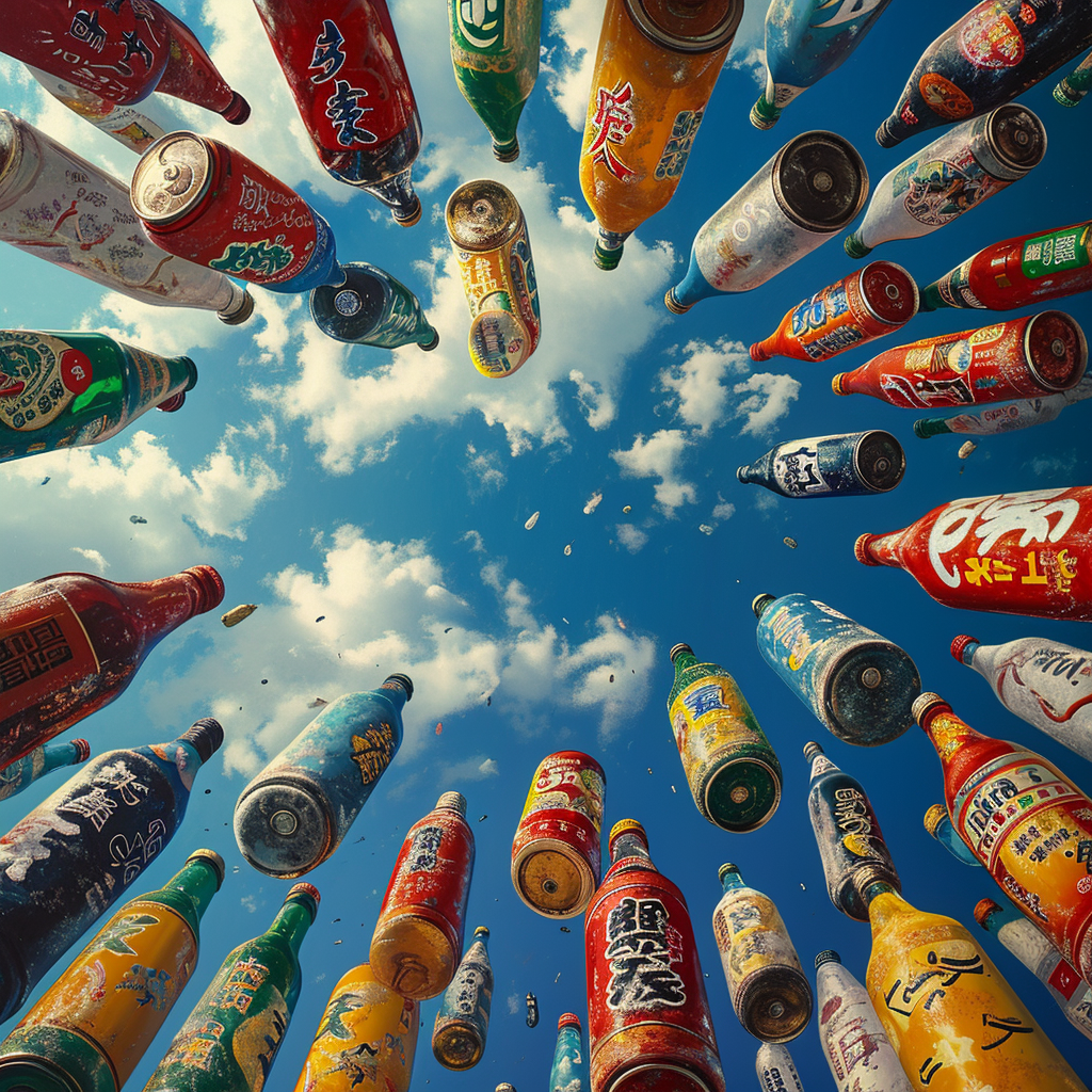 Colorful Bottles Cans Flying Japan