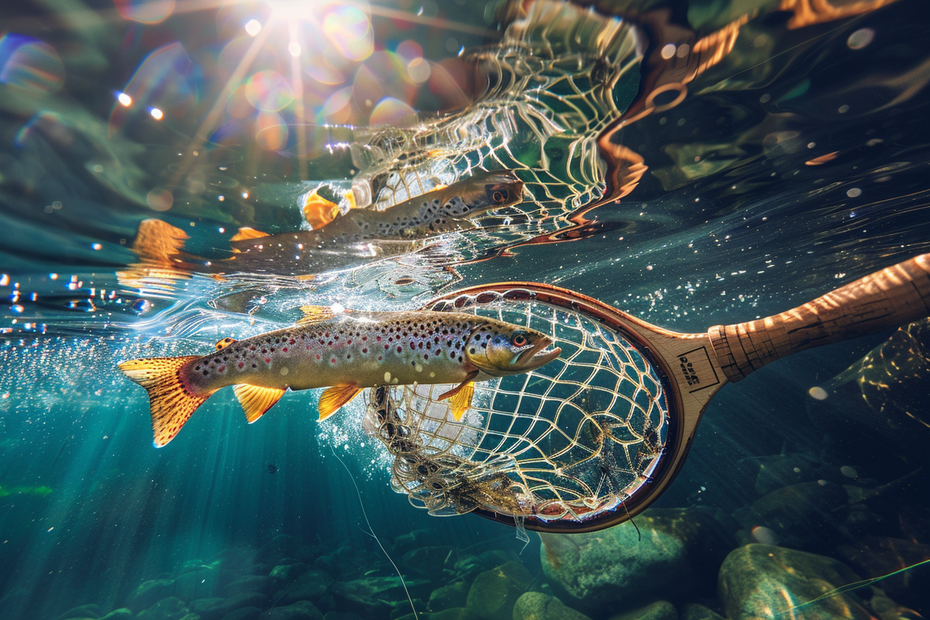 Colorful brown trout in wooden net