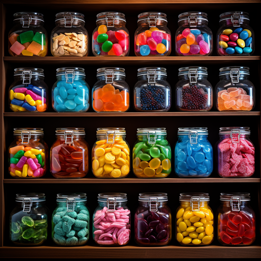 Colorful candy jars neatly organized on shelf