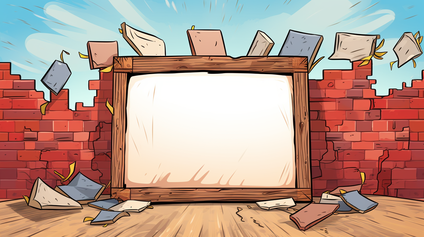 Colorful cartoon frame with bricks, sticks, and hay