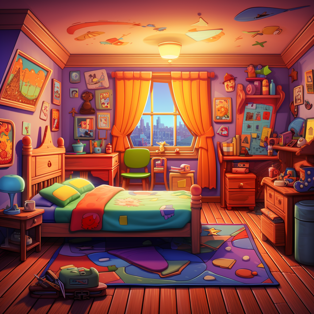 Cartoon illustration of a colorful child's bedroom