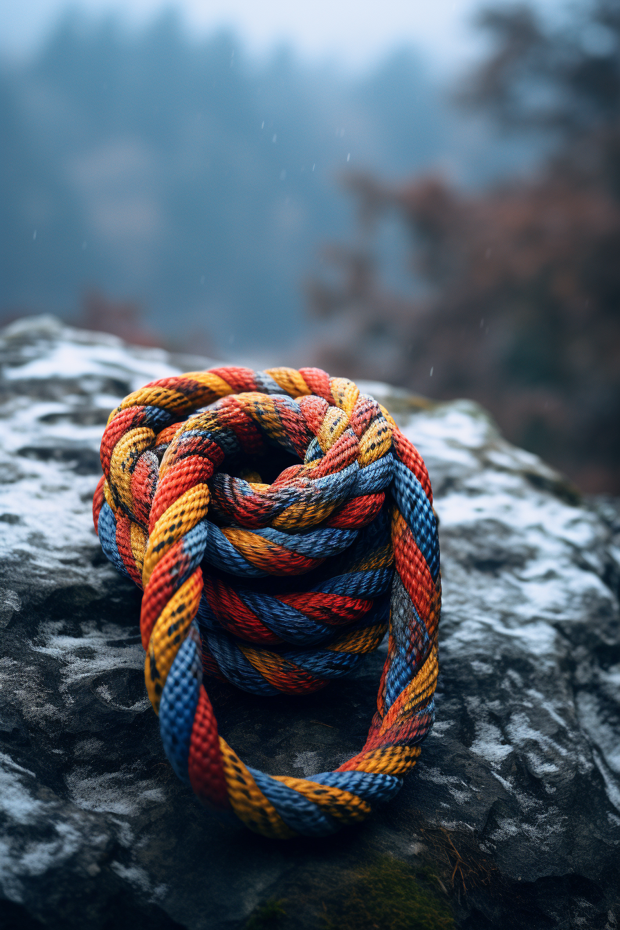 Vibrant climbing rope on stone, surrounded by wood, leaves, and mountains