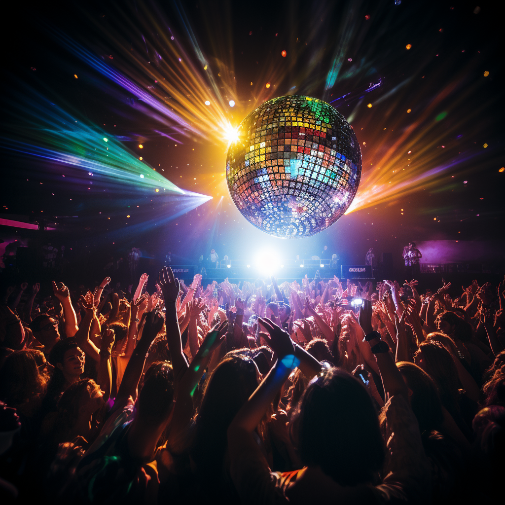 Silhouette Crowd with Spinning Disco Ball Lights