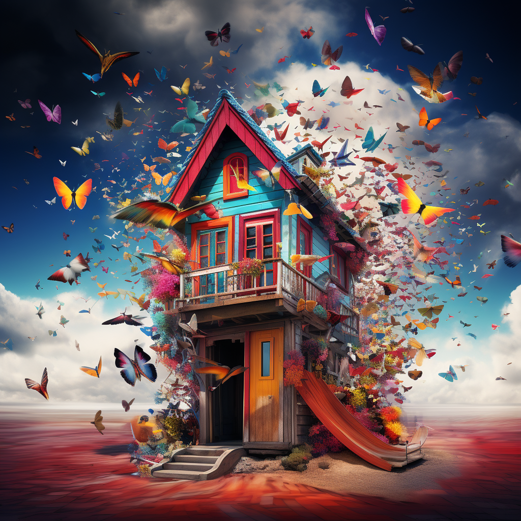 Colorful crooked house with butterflies and birds