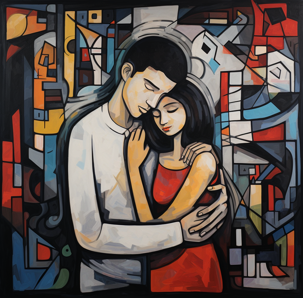 Couple hugging in colorful cubism style