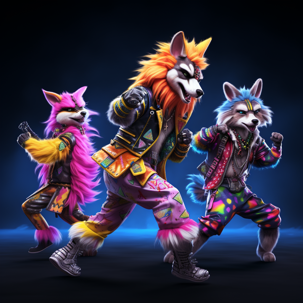 Furries dancing in colorful costumes