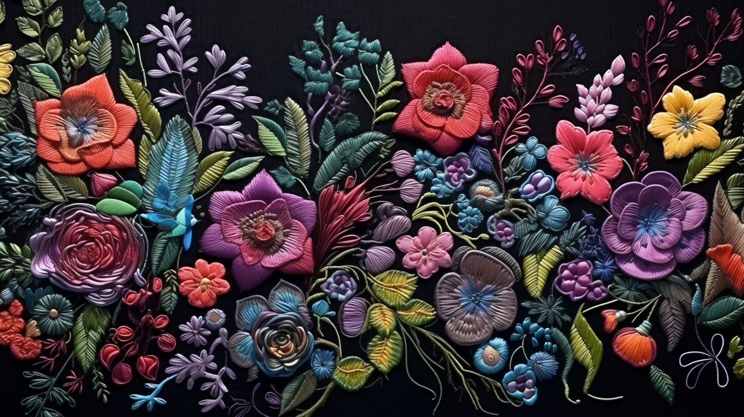 Beautiful embroidered fabric with colorful flowers