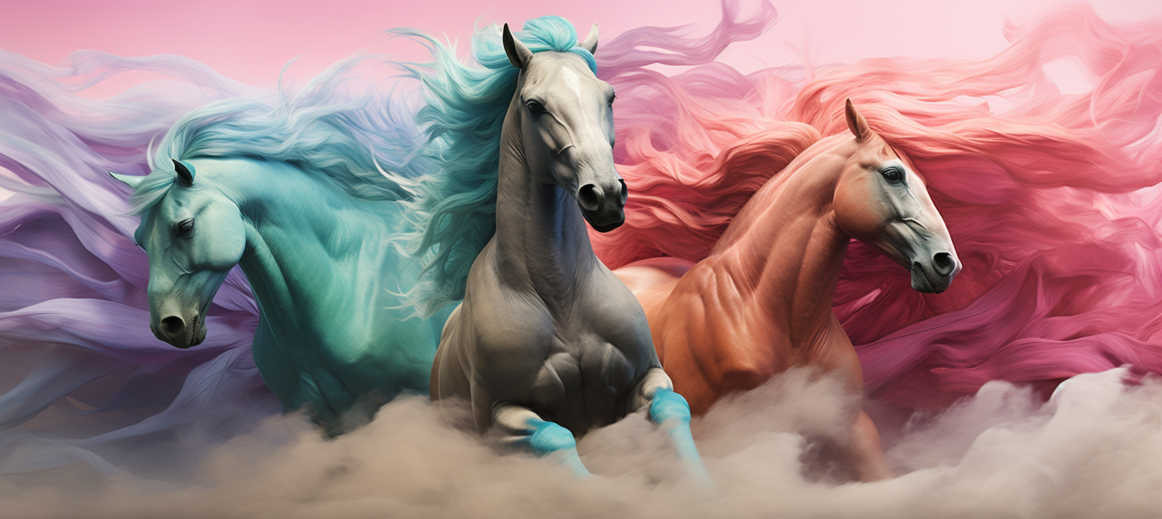 Vibrant swirling horses in dynamic action scenes