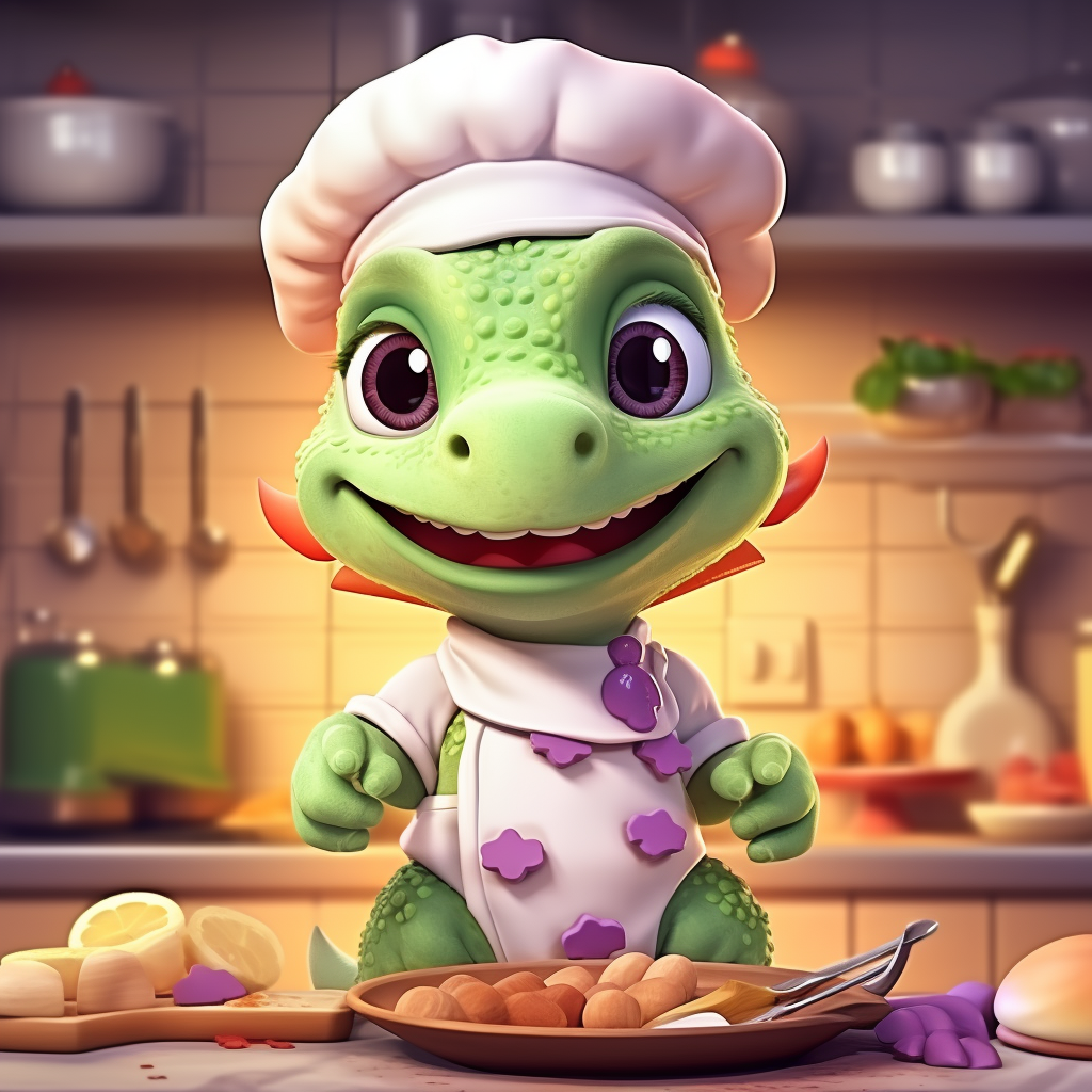 Cute dinosaur chef baking cookies