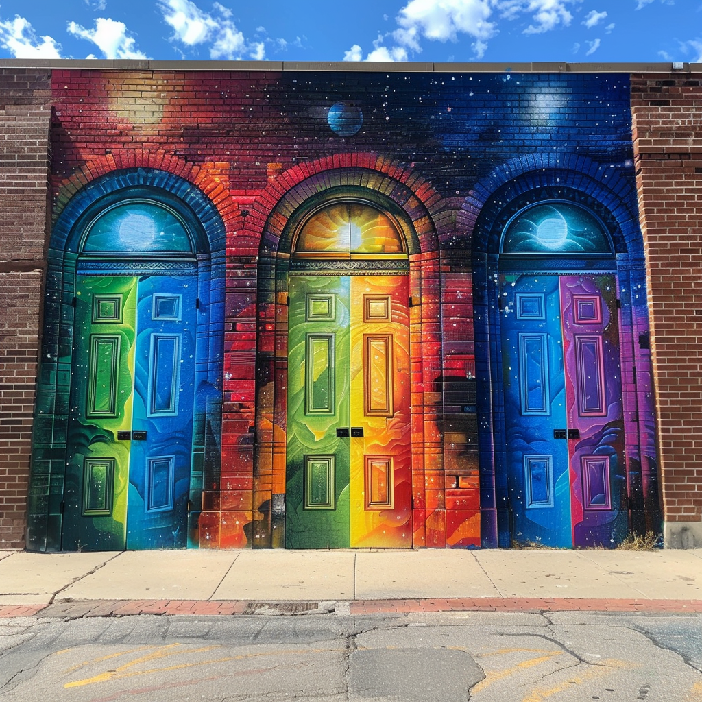 Colorful mural with multiple doorways