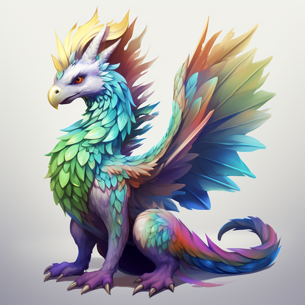 Colorful dragon with feathers, full body, feminine and cute