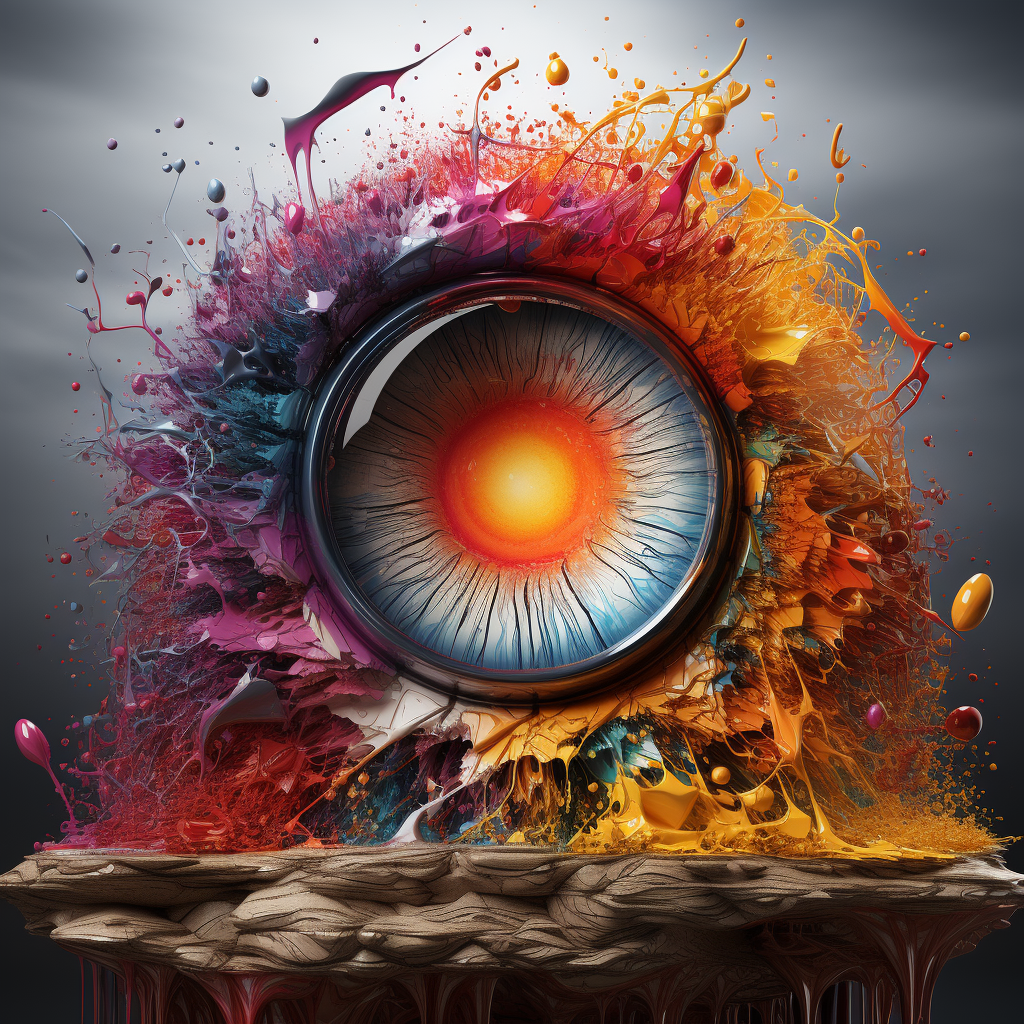 Hyperrealistic eyeball amidst colorful waterfall