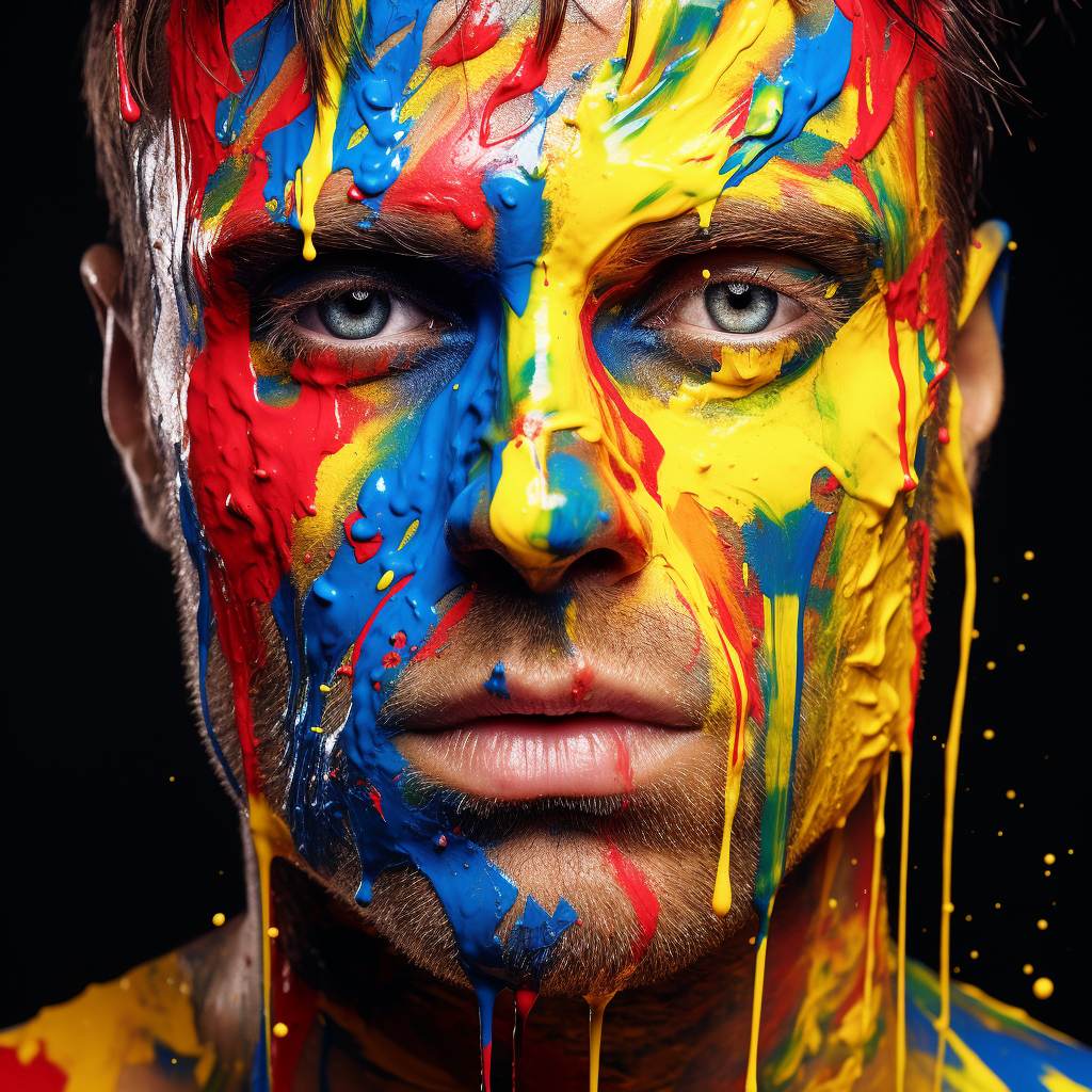 Vibrant paint dripping down man's face