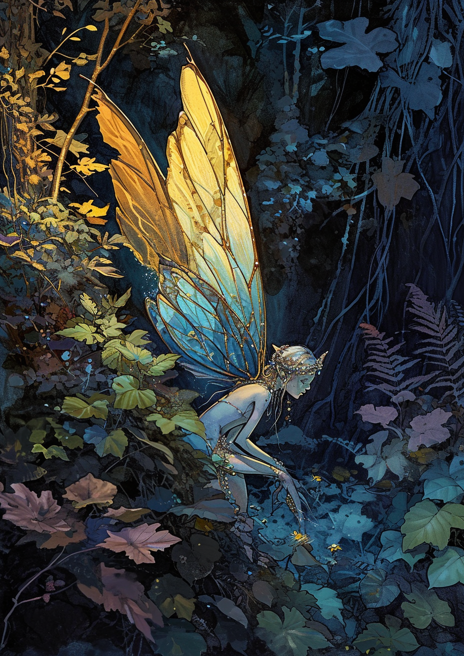 Colorful fae fairy in enchanted forest