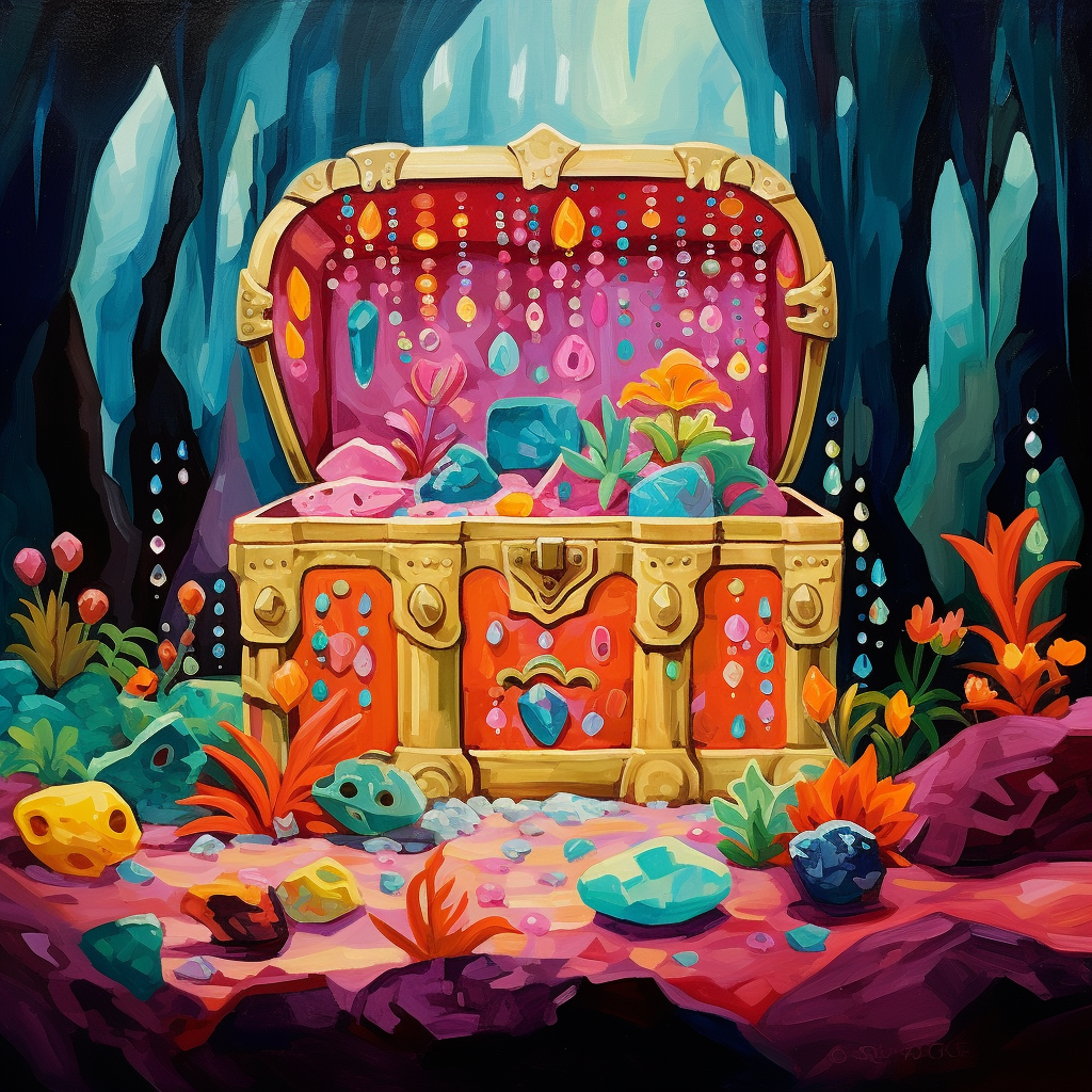 Vibrant fairytale treasure chest in jeweled cave