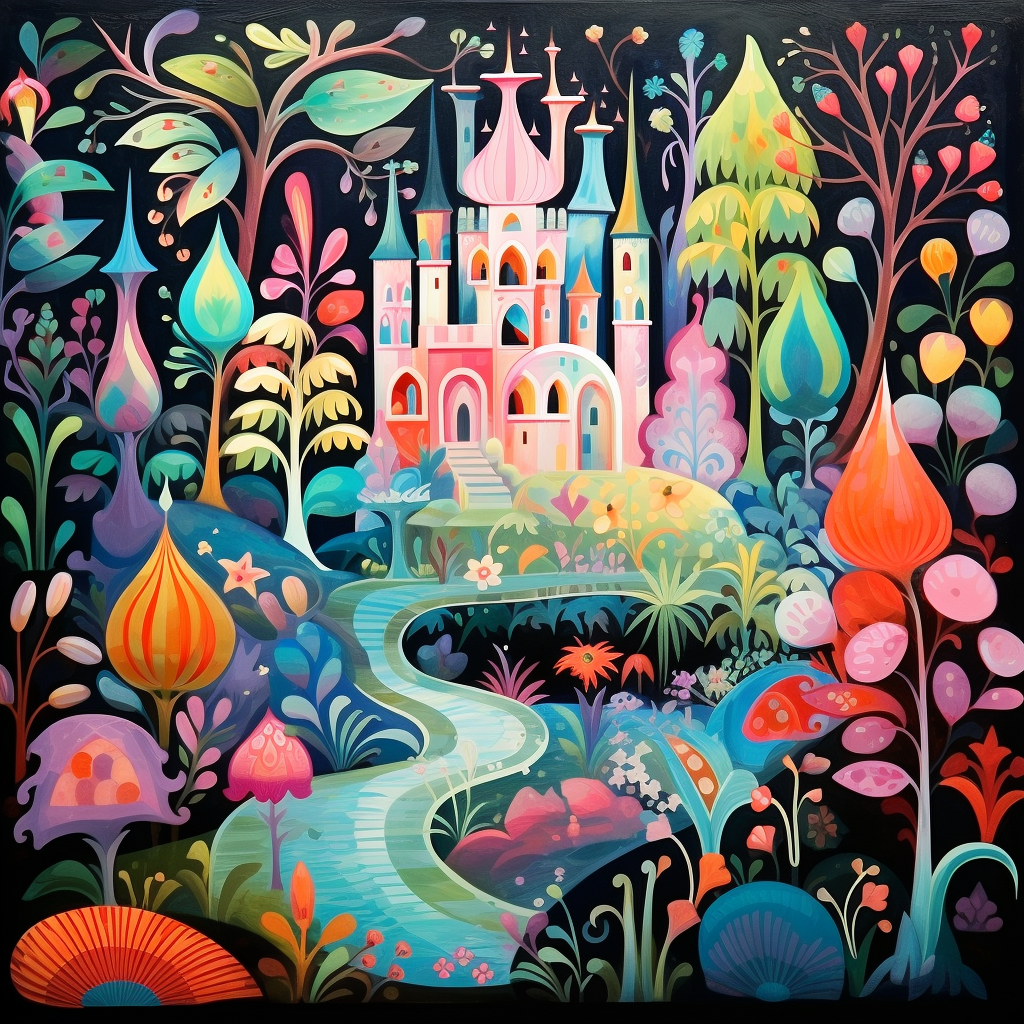 Colorful fairytale treasure trove in Mary Blair style