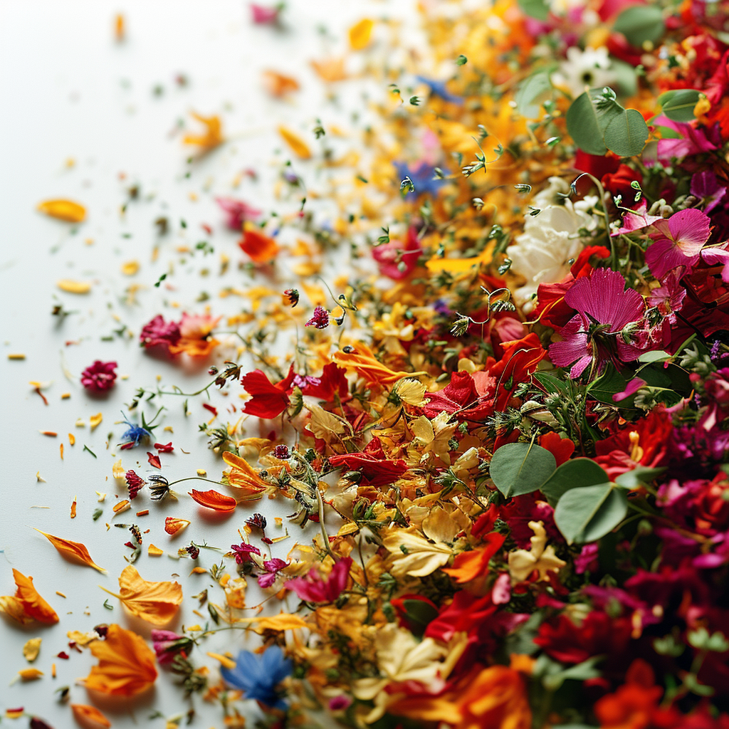 Vivid falling flowers and leaves