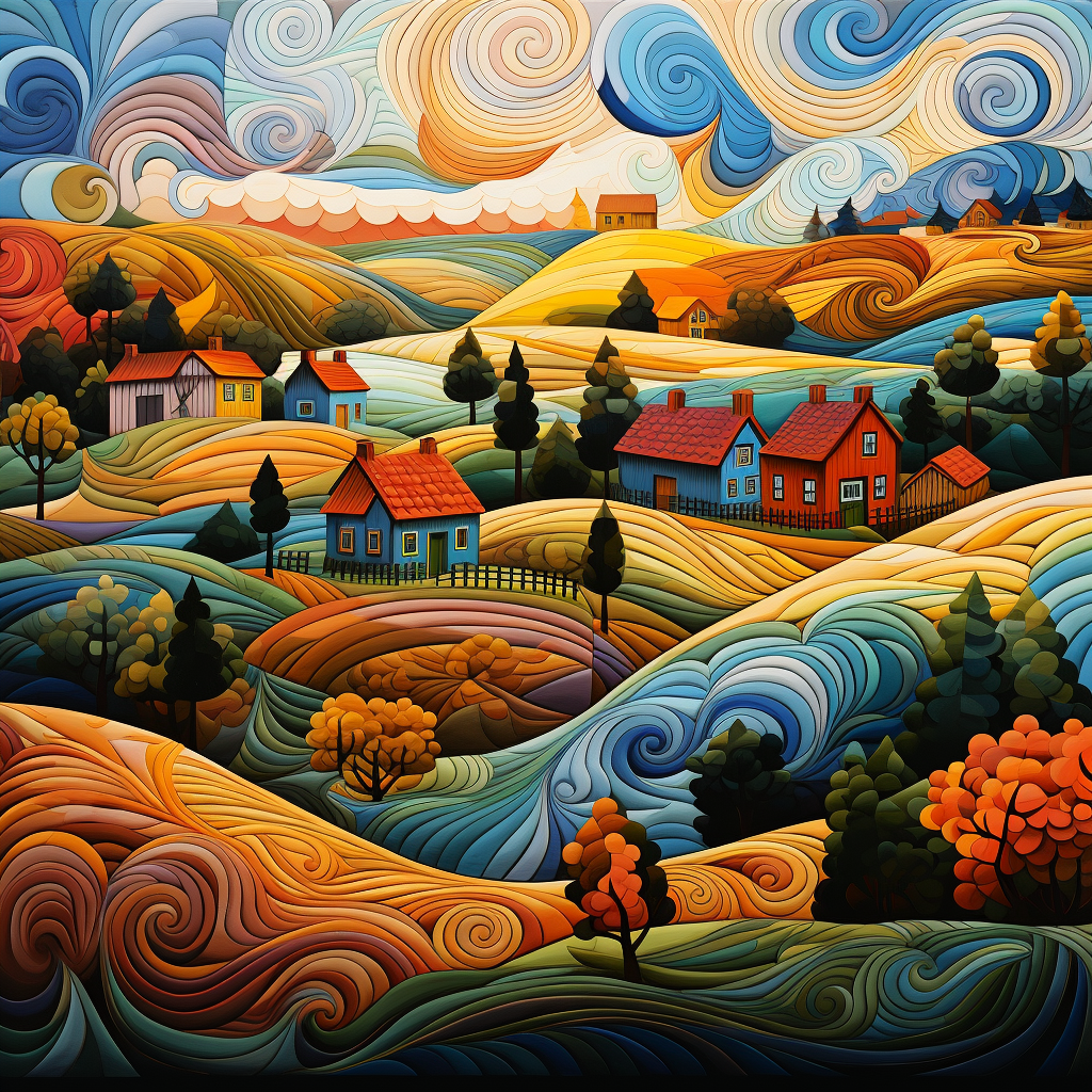 Colorful farm houses and fields artwork