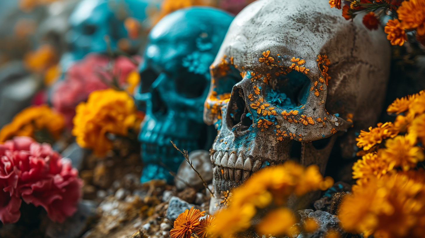 Colorful field with multiple skulls