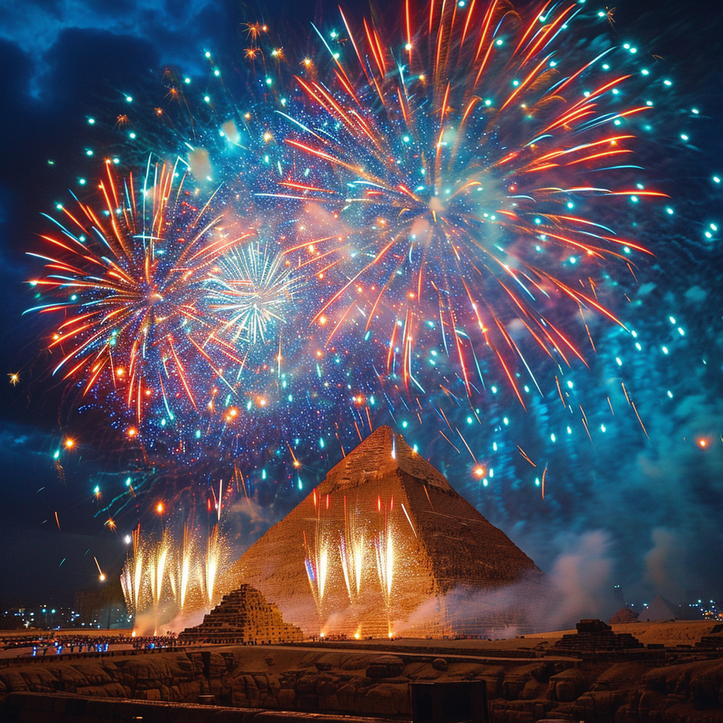 Colorful fireworks show at pyramids