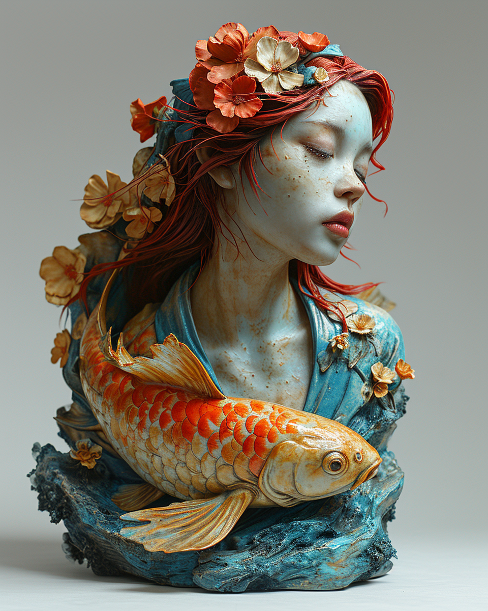 Vibrant fish-woman chimera in Mark Ryden style