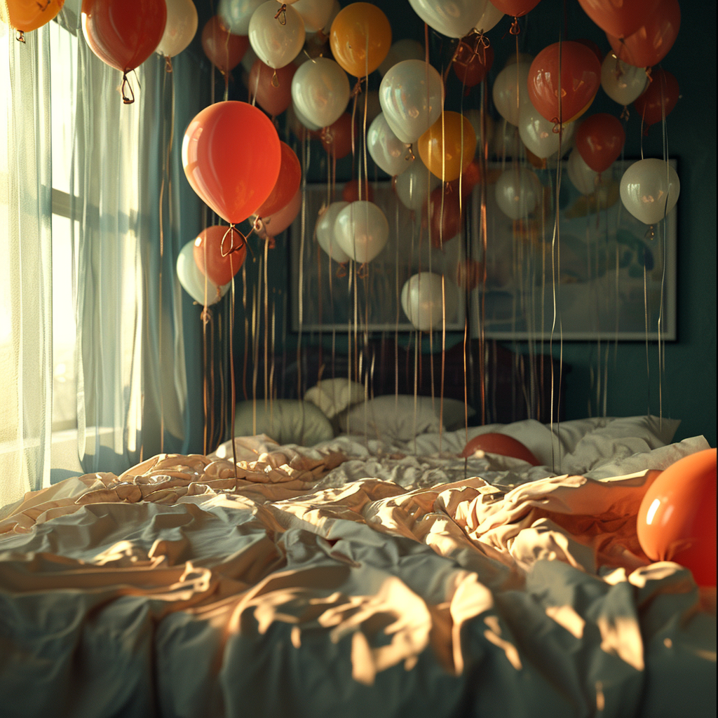 Colorful floating balloons in sky and bedroom