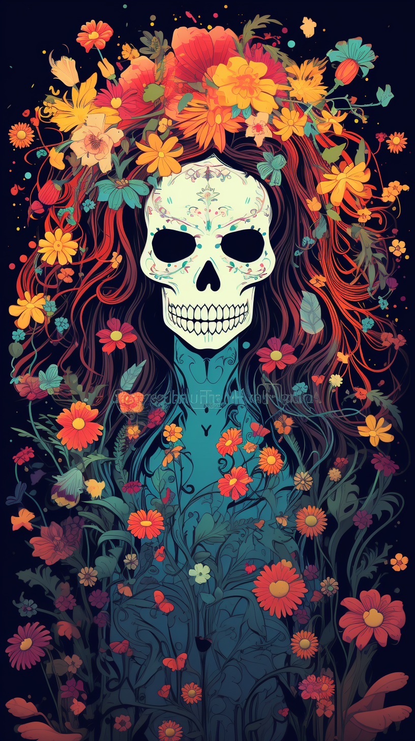 Colorful flower-covered skeleton in hair