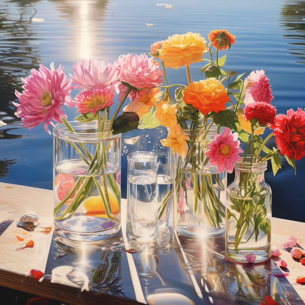 Colorful flowers in water vases