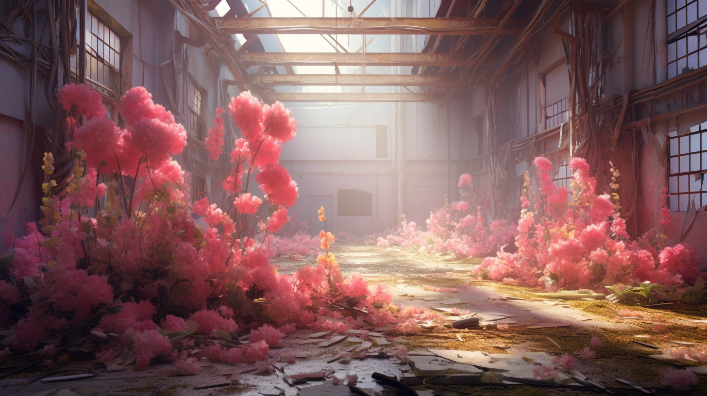 Colorful flowers in abandoned warehouse