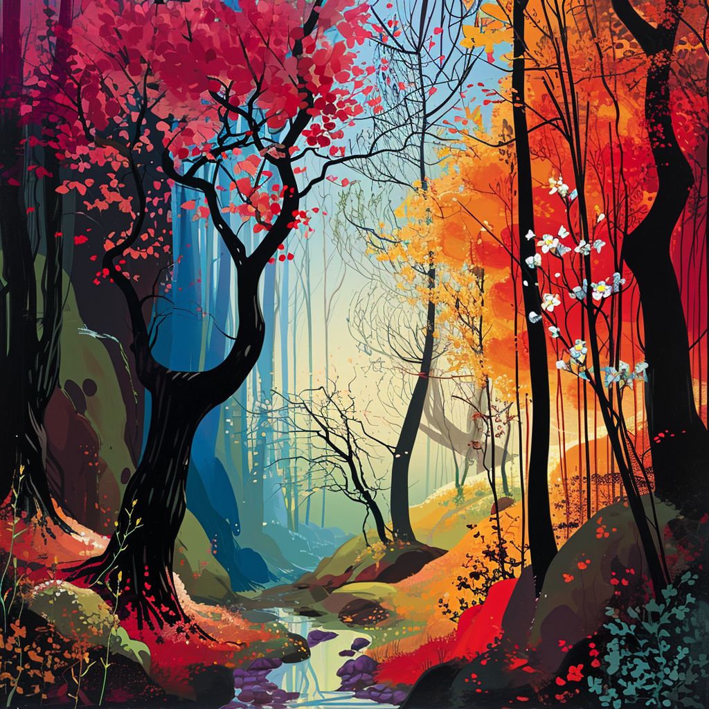 Vibrant Forest with Eyvind Earle's Style