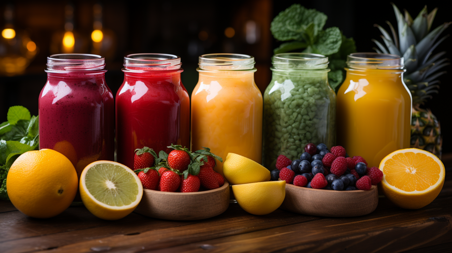 Colorful organic juices and smoothies on wooden desk