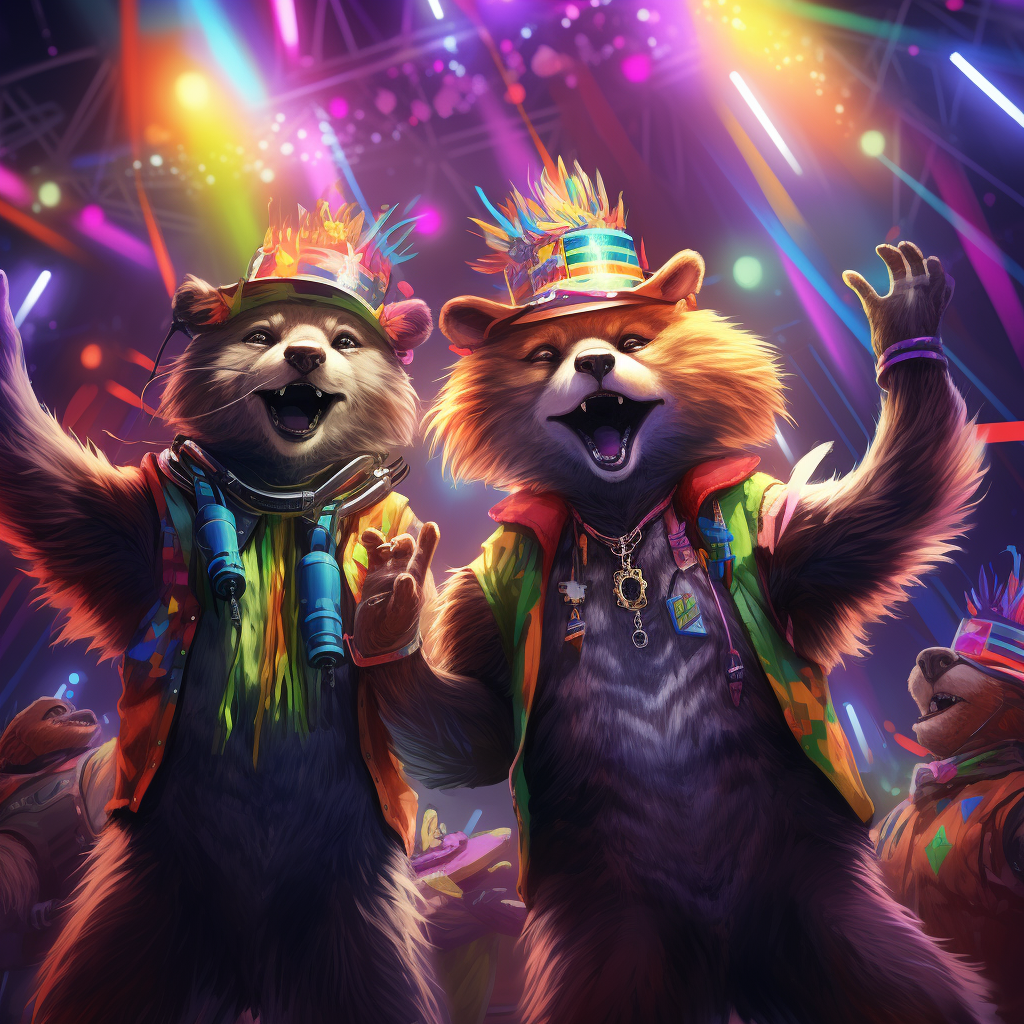 Realistic furries dancing in funny hats