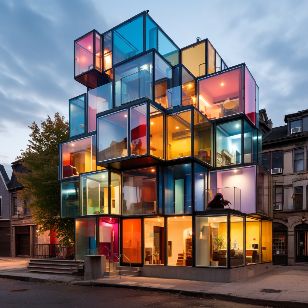 Modern cuboid home with colorful glass panels