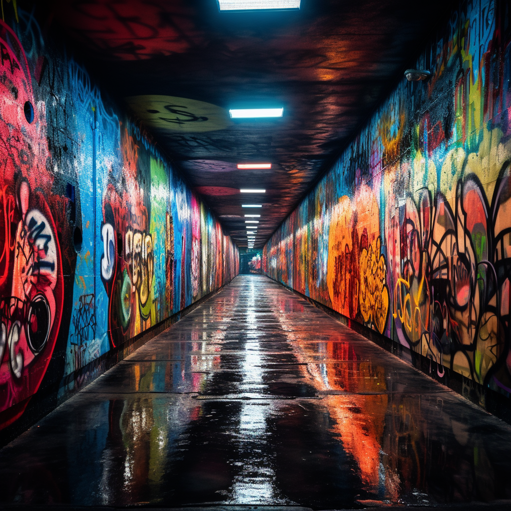 Vibrant graffiti tunnel with water reflections