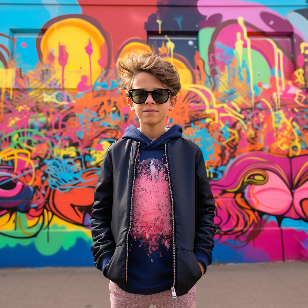 Smiling boy in front of vibrant graffiti wall  ?