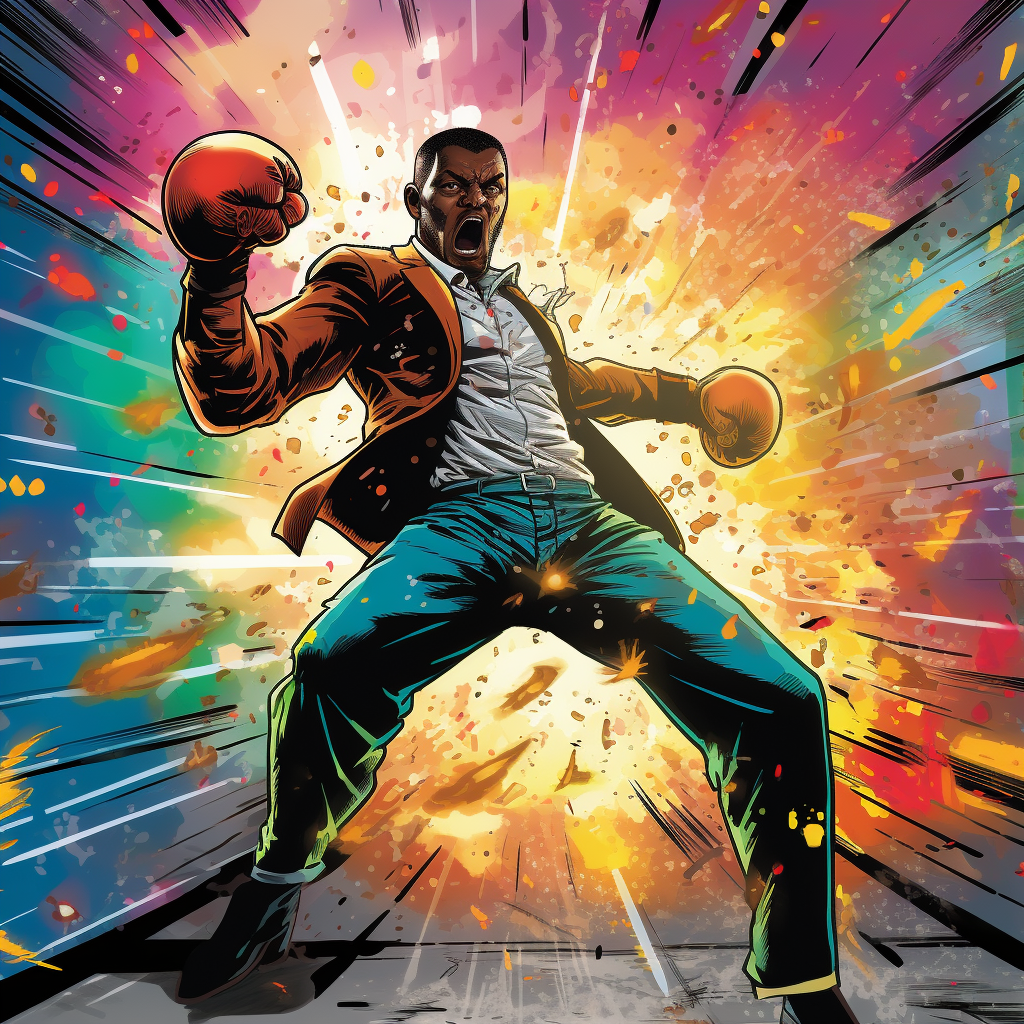 Colorful graphic novel artwork of a boxer fighting