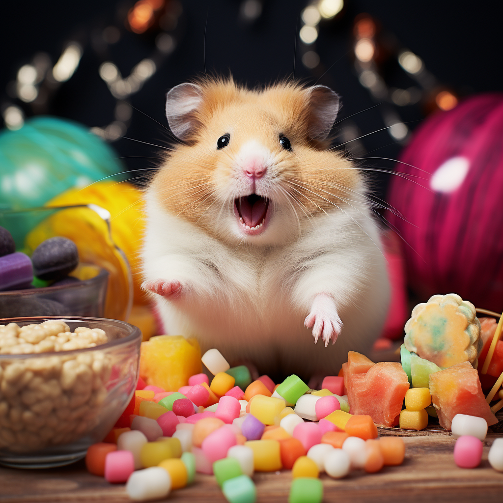 Black and white image of a hamster with stuffed cheeks