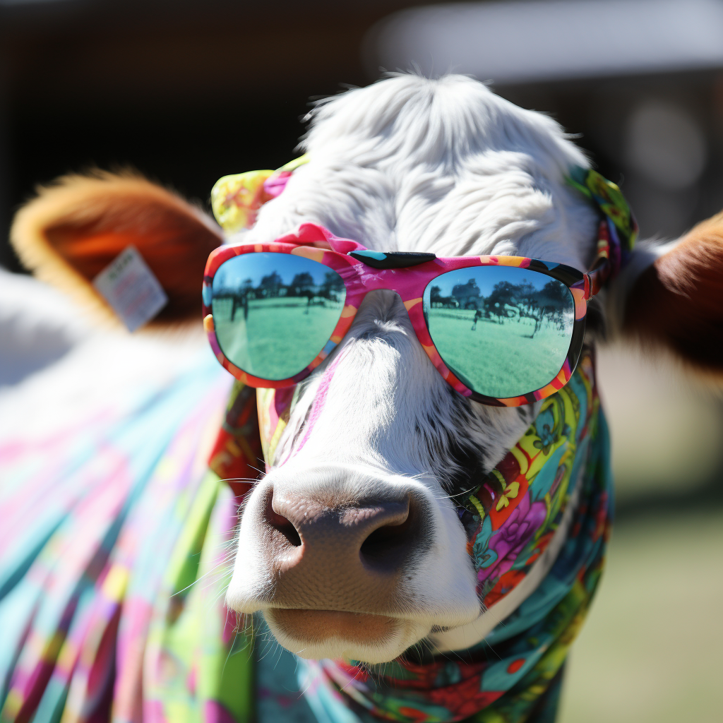 Colorful heifer with sunglasses and bandana