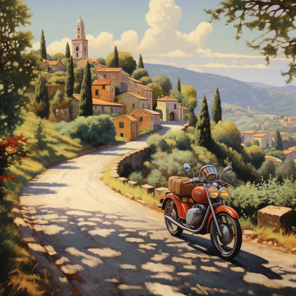 Classic motorcycle navigating picturesque Italian village