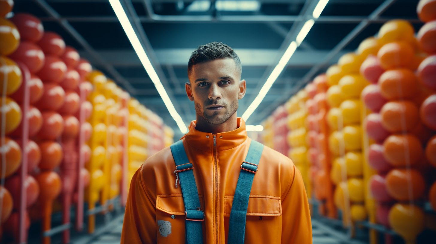 Male worker in colorful jumpsuit in juice laboratory