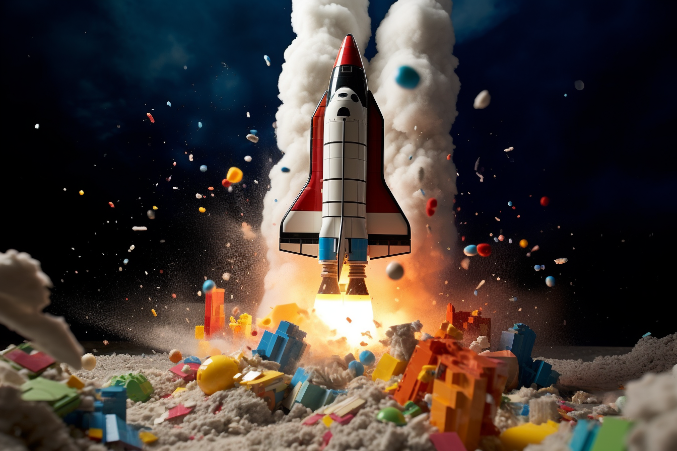 Colorful Lego rocket blasting off from Cape Canaveral