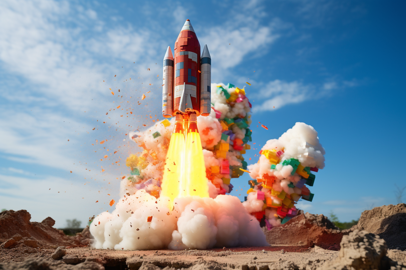 Epic colorful Lego rocket launch from pad