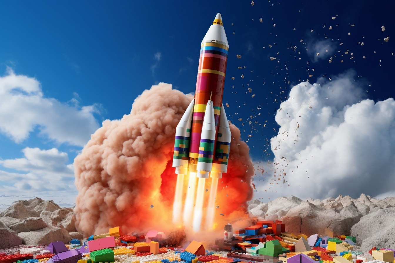 Realistic colorful Lego rocket launching