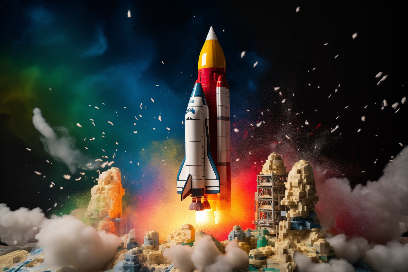 Colorful LEGO rocket launching into the sky